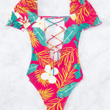 Swim Vcay Traje de bano de una pieza para mujer con diseno de lazo trasero y estampado de patron vegetal, perfecto para la playa de verano, sin aro de acero