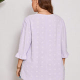 Blusa Lila Romantica De a Grande Con Tetura De Polka Dot Y Encaje, Escote En V, Mangas 5/18 Para Citas Romanticas, Invitada A Bodas Casuales De Primavera/verano