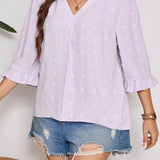 Blusa Lila Romantica De a Grande Con Tetura De Polka Dot Y Encaje, Escote En V, Mangas 5/18 Para Citas Romanticas, Invitada A Bodas Casuales De Primavera/verano