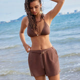 VCAY Shorts De Lino Marron Transpirables De Pierna Ancha Con Textura Vintage Para Mujer, Estilo De Vacaciones En La Playa