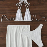 Swim Conjunto de Bikini de triangulo Halter y triangulo solido para mujer + falda de bano