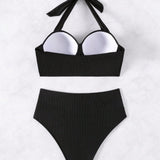 Swim Vcay Conjunto de bikini tankini para mujer con sujetador de copa con aros y panty triangular plisado con cuello halter