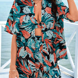 VCAY Conjunto Casual De 2 Piezas Con Estampado De Vacaciones Tropicales