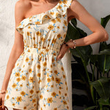 VCAY Vacation Style One Shoulder Full Printed Apricot Flower Woven Women's Romper