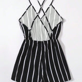 VCAY Crisscross Backless Striped Cami Romper