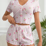 Conjunto De Pijama De Encaje Con Impresion Floral En La Parte Superior Y Pantalones Cortos