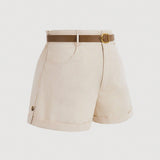 MOD Pantalones Cortos Vintage De Color Albaricoque Con Cinturon En Talla Grande