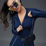 Sport Innovista Vestido azul de manga larga con cremallera activa y malla transpirable de alta elasticidad para mujer, vestido deportivo de camiseta A-Line casual diario y activo, traje de tenis para mujer