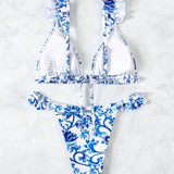 Conjunto De Traje De Bano Impreso Completo Para Mujer Con Detalle De Volantes En El Dobladillo Del Bikini