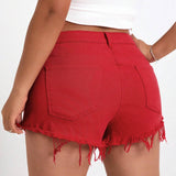 Pantalones Cortos De Mezclilla Rojos Elasticos Con Dobladillo De Flecos Y Talla Grande