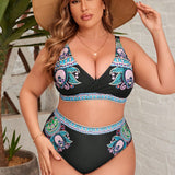 Swim Curve Conjunto De Traje De Bano De Dos Piezas Con Estampado Y Escote En V Profundo De Talla Grande