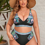 Swim Curve Conjunto De Traje De Bano De Dos Piezas Con Estampado Y Escote En V Profundo De Talla Grande