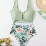 Swim Vcay Traje De Bano De Una Pieza Para Mujeres Con Impresion De Plantas Tropicales Y Recortes En El Diseno