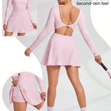 Daily&Casual Vestido deportivo de manga larga para mujer con espalda descubierta, conjunto para mujeres tenistas