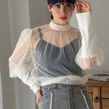 FRIFUL Blusa De Malla Transparente Con Mangas Abullonadas Y Cuello Alto Para Mujer