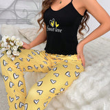 Conjunto De Pijama Para Mujeres Con Camiseta Tipo Top Y Pantalon, Impresion De Corazones Y Letras