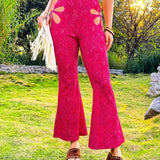 WYWH Pantalones Acampanados De Punto Con Corte Lateral Y Diseno Floral Hueco Para Mujer Estilo Bohemio Casual Hippie Con Cintura Media, Ideal Para Vacaciones
