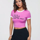 Qutie Camiseta Para Mujer Con Borde De Bloque De Color Y Letras Impresas Dulces Y Frescas