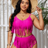 Swim Curve Conjunto De Bikini Tanquini De Franja Y Talla Grande Para Mujer Con Detalles De Parches, Bikini Sin Tirantes Para Playa, Traje De Bano Para Festival De Musica En Verano