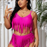 Swim Curve Conjunto De Bikini Tanquini De Franja Y Talla Grande Para Mujer Con Detalles De Parches, Bikini Sin Tirantes Para Playa, Traje De Bano Para Festival De Musica En Verano