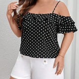 Blusa De a Grande De a Elegante Con Lunares Sueltos, Hombros Huecos Y Mangas Con Doble Capa De Volantes, Adecuada Para Citas Romanticas, Uso Diario Y Viajes De Primavera Y Verano