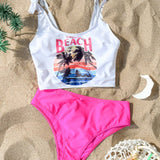 Swim Vcay Conjunto de tankini de verano para playa para mujer con estampado de letras y palmeras en la parte superior e inferior
