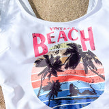 Swim Vcay Conjunto de tankini de verano para playa para mujer con estampado de letras y palmeras en la parte superior e inferior