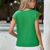 Frenchy Camiseta Con Cuello En V Y Manga Voladora De Encaje Para Mujer, Tops De Manga Corta De Verano, Tops Bonitos Bohemios, Traje Verde