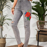 LUNE Pantalones Largos De Mezclilla Con Bordado De Moda Para Mujer