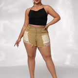 SXY Mini Pantalones Cortos Elasticos De Talle Alto Y Dobladillo Deshilachado Para Mujer De Talla Grande