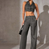 Haute Conjunto De Chaleco Y Pantalon Corto Con Rayas Finas