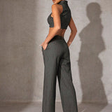 Haute Conjunto De Chaleco Y Pantalon Corto Con Rayas Finas