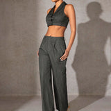 Haute Conjunto De Chaleco Y Pantalon Corto Con Rayas Finas