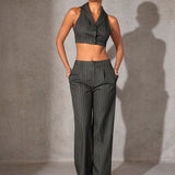 Haute Conjunto De Chaleco Y Pantalon Corto Con Rayas Finas