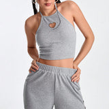 Sport Studio Conjunto De Top Y Pantalones Cortos Estilo Halter De Corazones Huecos Con Color Solido