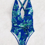 Swim Traje De Bano De Una Pieza Para Mujer, Sexy Con Escote En V Profundo, Correa Cruzada Y Estampado De Planta, Identificacion Del Patron: 616206