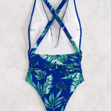 Swim Traje De Bano De Una Pieza Para Mujer, Sexy Con Escote En V Profundo, Correa Cruzada Y Estampado De Planta, Identificacion Del Patron: 616206