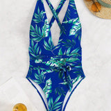 Swim Traje De Bano De Una Pieza Para Mujer, Sexy Con Escote En V Profundo, Correa Cruzada Y Estampado De Planta, Identificacion Del Patron: 616206