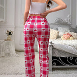 Conjunto De Pijama Con Pantalones A Cuadros Y Camisola Con Estampado Love Para Mujer