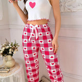 Conjunto De Pijama Con Pantalones A Cuadros Y Camisola Con Estampado Love Para Mujer