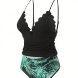 Swim Vcay Bikini unicolor Con Borde De Volantes Para Mujeres Y Top Con Estampado Aleatorio. Conjunto De Tankini Con Atuendo De Playa Para Banarse En Verano