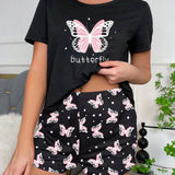 Conjunto de pijama shorts con camiConjuntoa con estampado de mariposa y letra