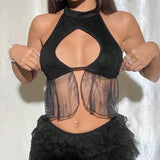 Camiseta Sin Mangas De Cuello Halter Trasero Descubierto Con Encaje Para Mujeres