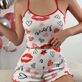 Conjunto De Pijama Sexy De Encaje Con Estampado De CamiConjuntoa Sin Mangas Y Shorts