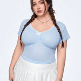 Qutie Plus Size Women's White Lace Trim Contrast Color Sheer Light Blue Fabric V-Neck Jacquard T-Shirt