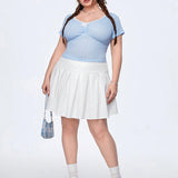 Qutie Plus Size Women's White Lace Trim Contrast Color Sheer Light Blue Fabric V-Neck Jacquard T-Shirt