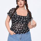 Qutie Camiseta De Malla Entallada De Talla Grande Para Mujer Con Estampado Floral Pequeno