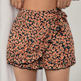 WYWH Pantalones Cortos Casuales Con Dobladillo De Volante Y Estampado Floral Para Mujeres