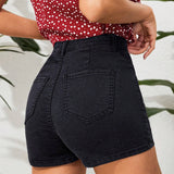 VCAY Pantalones Cortos De Mezclilla Ajustados Solidos De Color Para Mujer