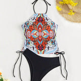 Swim Traje De Bano De Bikini De 2 Piezas Con Nudo Lateral Y Cuello Halter Impreso Para Mujeres